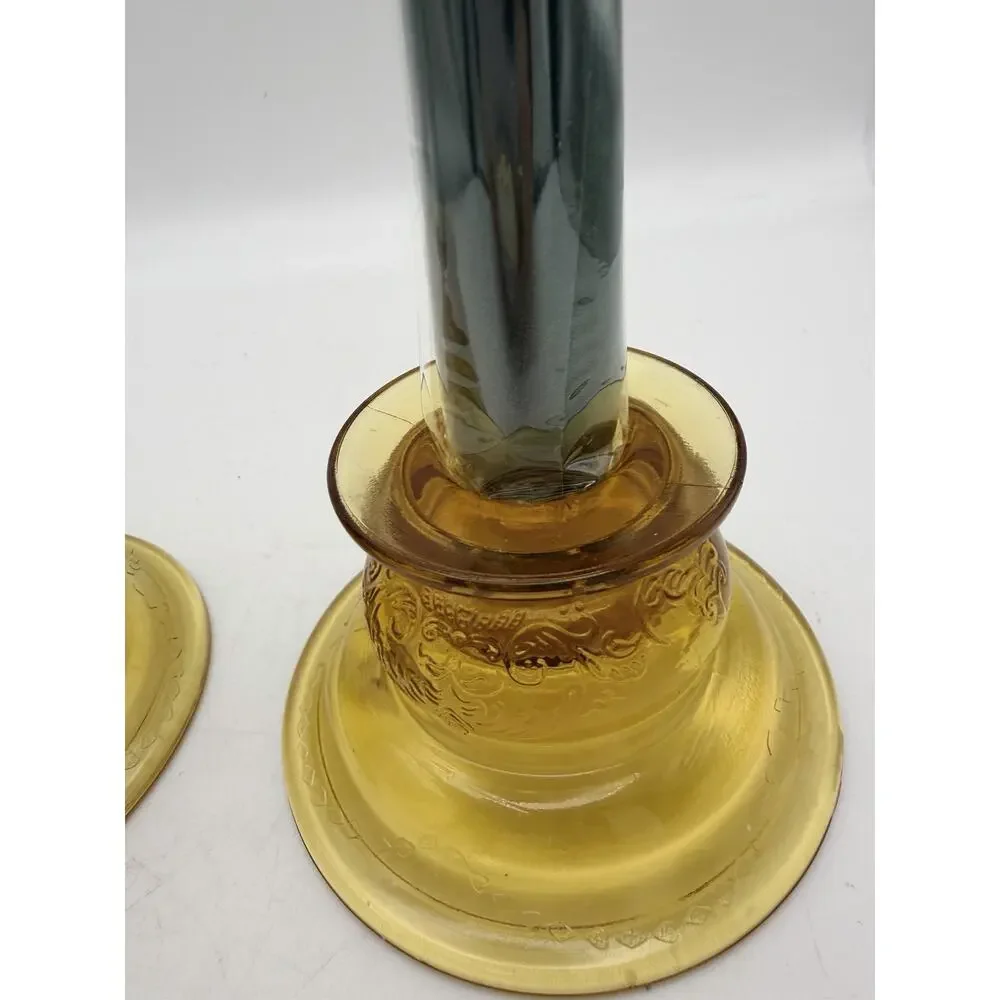 Federal Madrid Amber Depression Glass Votive Candle Holders Set Of 2 Vintage